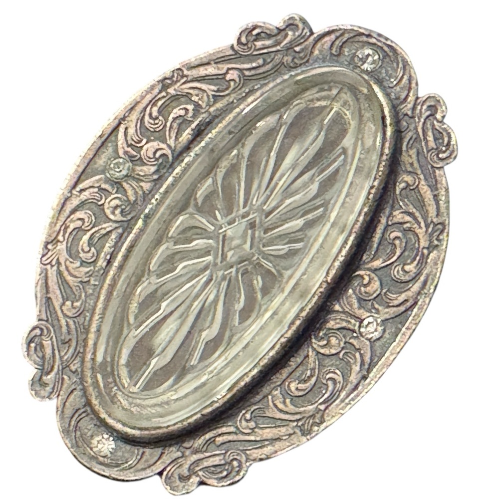 Vintage Antique Revival Silver finish etched glass leaf brooch